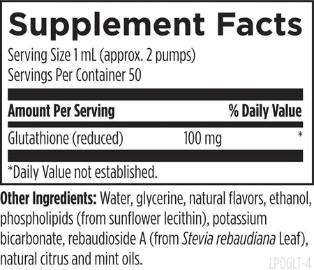 Supplement facts label showing glutathione 100mg, natural flavors, and stevia leaf extract.