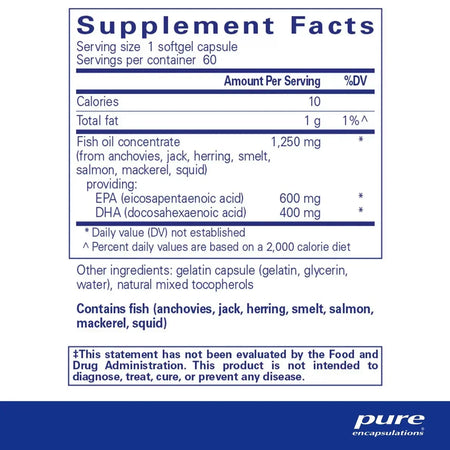 Fish oil supplement facts label with EPA and DHA omega-3 content and allergen information.