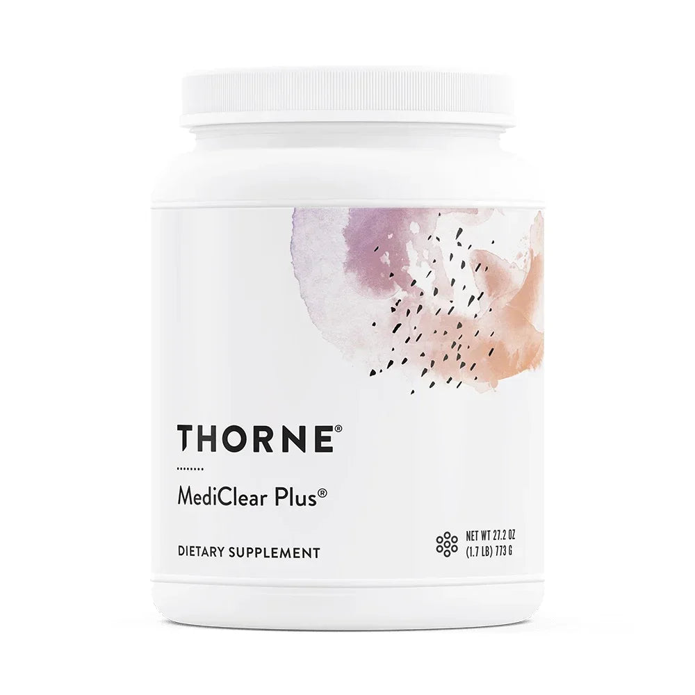 Thorne MediClear Plus dietary supplement container with abstract label design on white background.