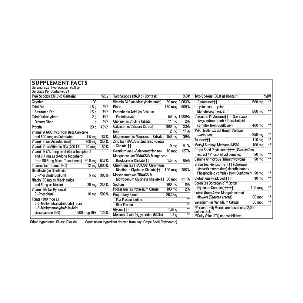 Supplement facts label showing nutrition information, vitamins, and ingredients for a health supplement.