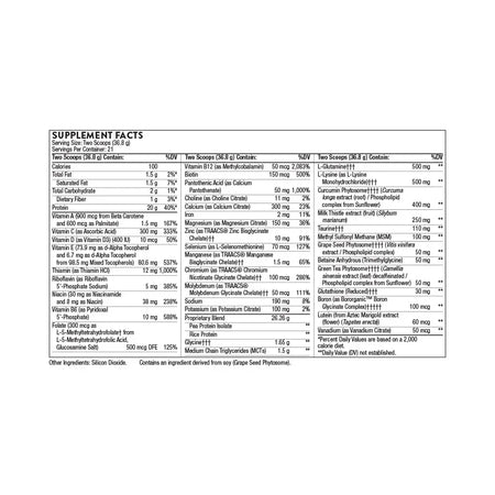 Supplement facts label showing nutrition information, vitamins, and ingredients for a health supplement.