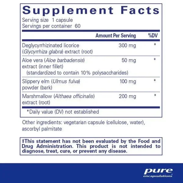 Supplement facts label with ingredients including licorice, aloe vera, slippery elm, marshmallow.