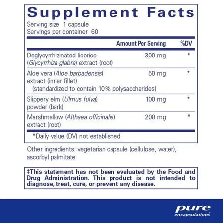 Supplement facts label with ingredients including licorice, aloe vera, slippery elm, marshmallow.