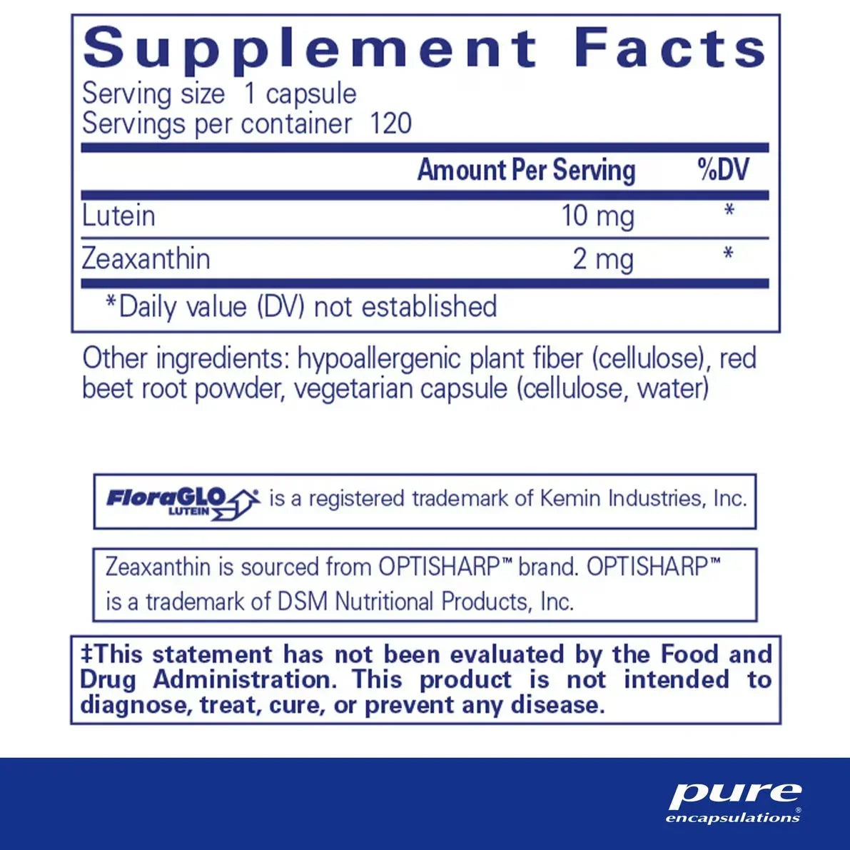 Supplement facts label for lutein and zeaxanthin capsule, hypoallergenic ingredients, 120 count.