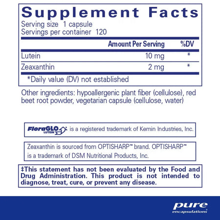 Supplement facts label for lutein and zeaxanthin capsule, hypoallergenic ingredients, 120 count.