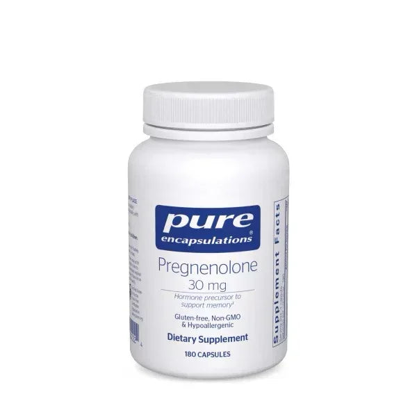 Pure Encapsulations Pregnenolone 30 mg dietary supplement bottle, 180 capsules, white label
