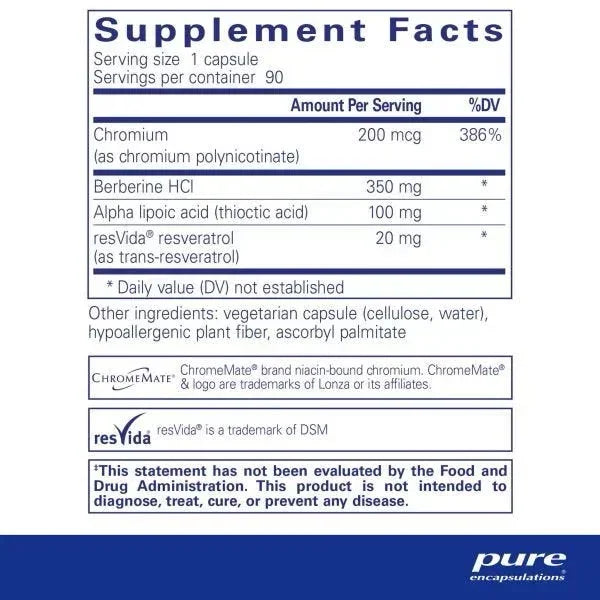 Supplement facts label showing ingredients like chromium, berberine HCl, alpha lipoic acid, and resveratrol.