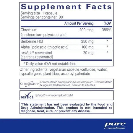 Supplement facts label showing ingredients like chromium, berberine HCl, alpha lipoic acid, and resveratrol.