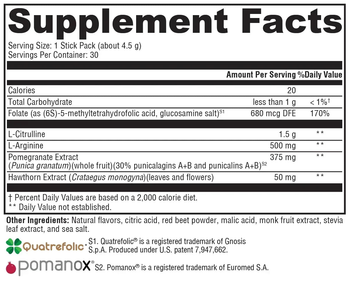 Supplement facts label showing ingredients like L-Citrulline, L-Arginine, pomegranate extract, and hawthorn extract.