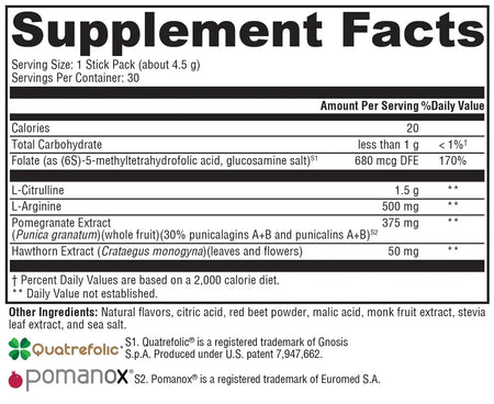 Supplement facts label showing ingredients like L-Citrulline, L-Arginine, pomegranate extract, and hawthorn extract.