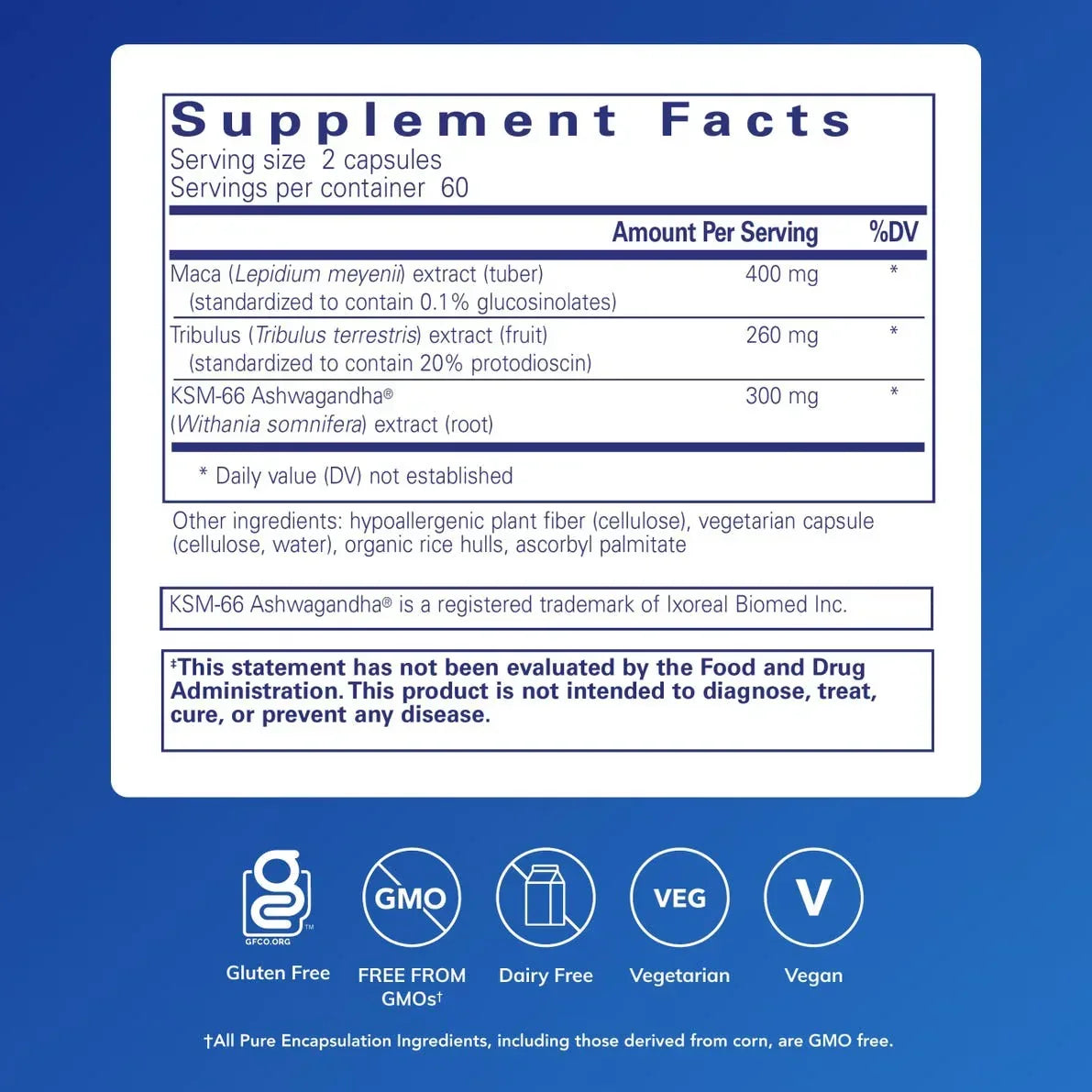 Supplement facts panel showing maca, tribulus, and ashwagandha ingredients, gluten free, GMO free, vegan, and vegetarian icons on a blue background.