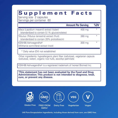 Supplement facts panel showing maca, tribulus, and ashwagandha ingredients, gluten free, GMO free, vegan, and vegetarian icons on a blue background.
