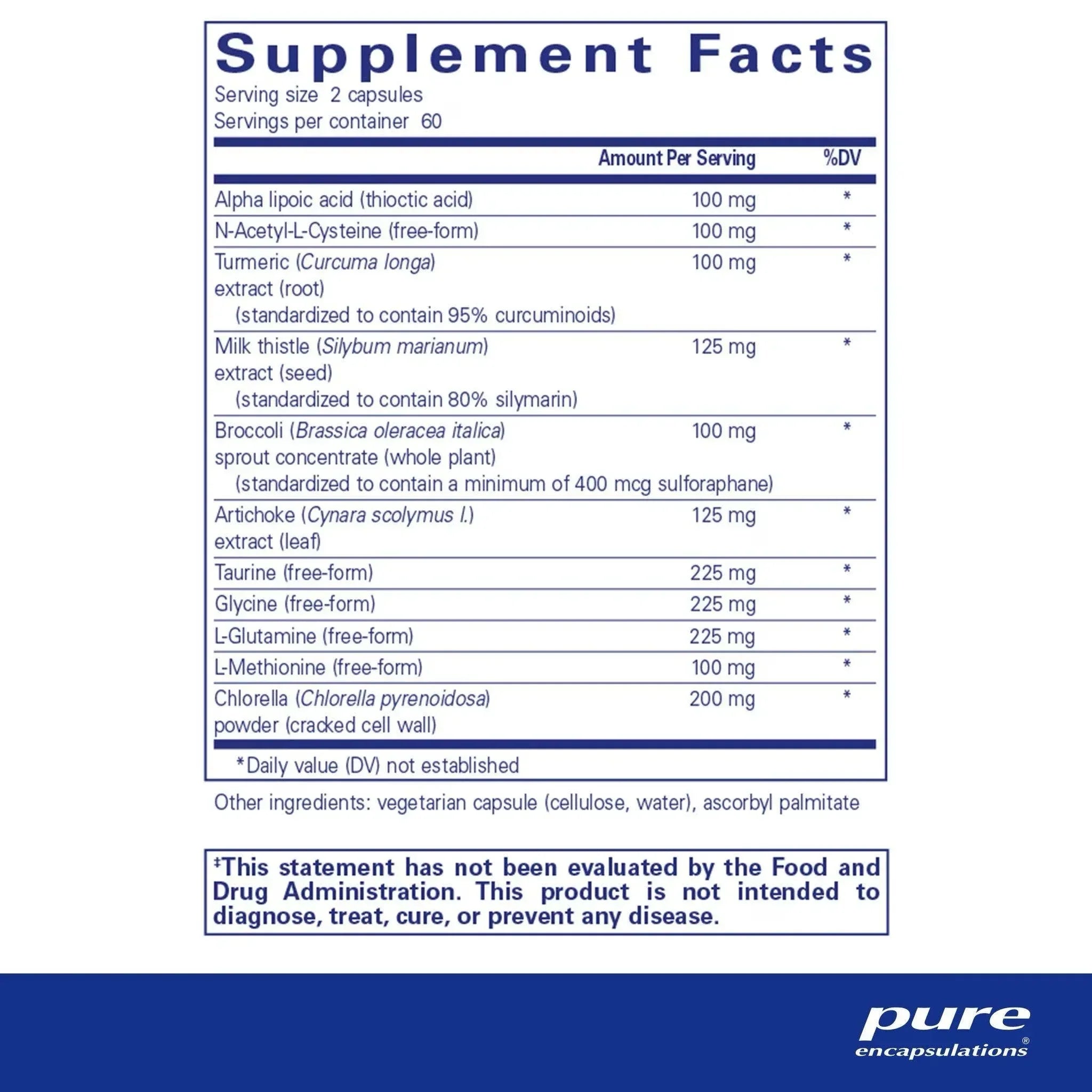 Supplement Facts label for capsules with ingredients like alpha lipoic acid, turmeric, milk thistle, broccoli, and chlorella.