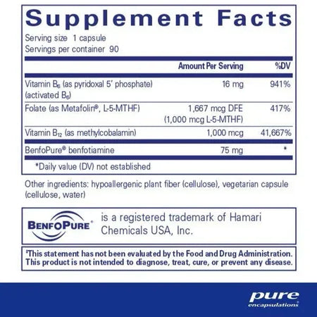 Supplement Facts label showing B6, folate, B12, and benfotiamine capsule ingredients.
