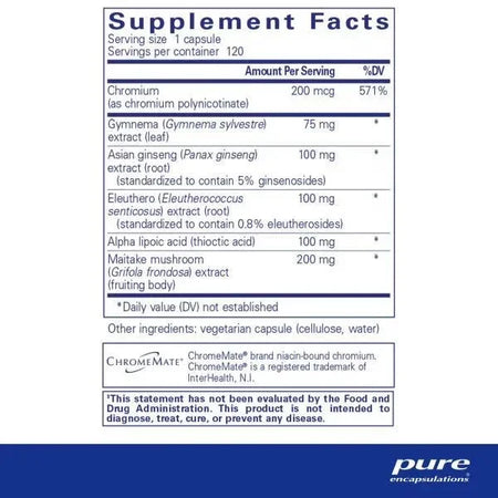 Supplement facts label listing chromium, gymnema, ginseng, eleuthero, alpha lipoic acid, maitake mushroom.