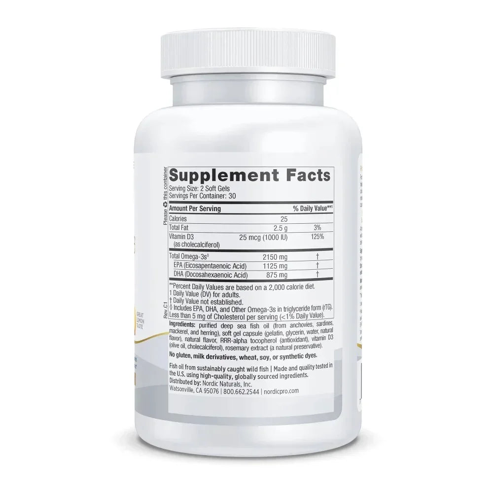 Omega-3 fish oil supplement bottle showing back label with supplement facts and ingredients.