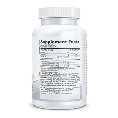 Omega-3 fish oil supplement bottle showing back label with supplement facts and ingredients.