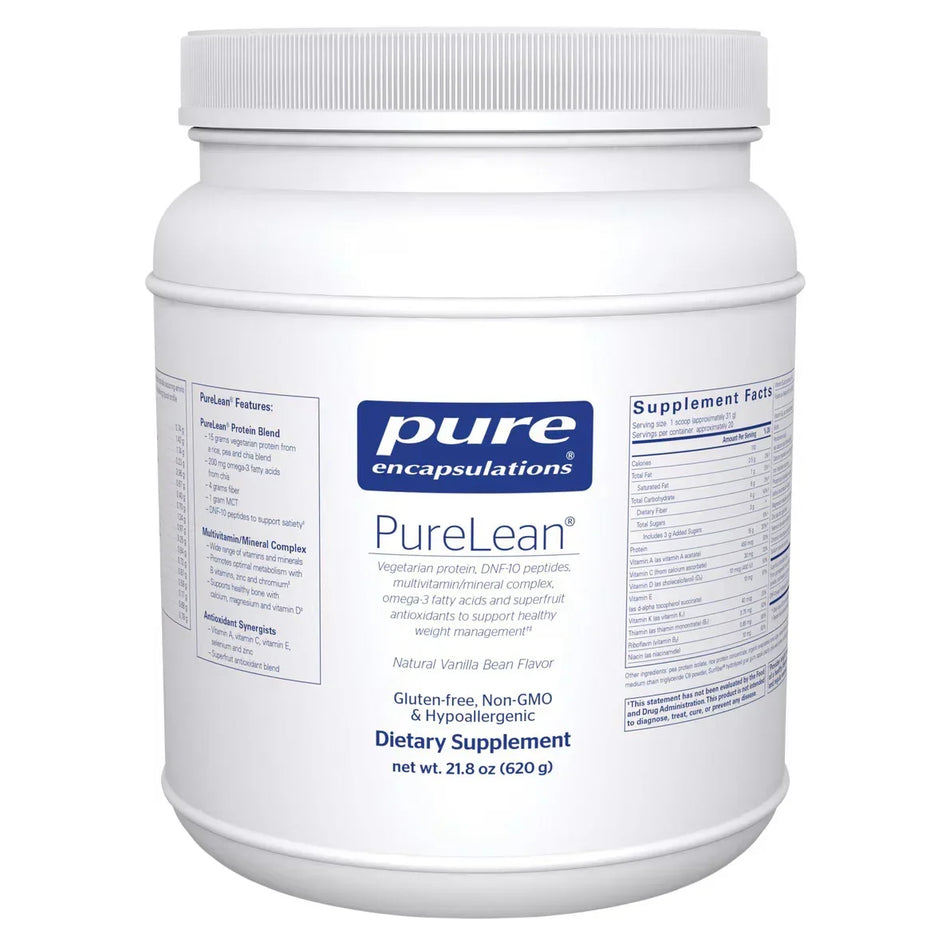 PureLean vanilla bean dietary supplement powder container, gluten-free, non-GMO, hypoallergenic