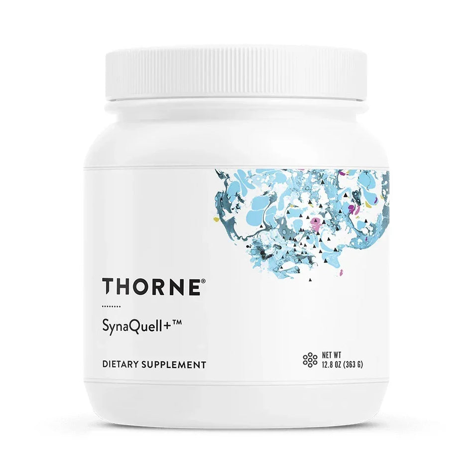 Thorne SynaQuell Plus dietary supplement container with abstract blue design