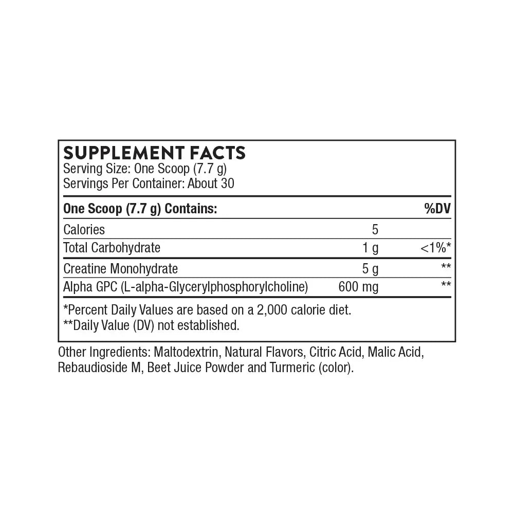 Supplement facts label showing serving size, creatine monohydrate and Alpha GPC content.