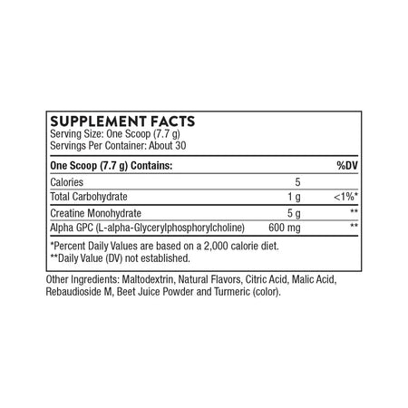 Supplement facts label showing serving size, creatine monohydrate and Alpha GPC content.