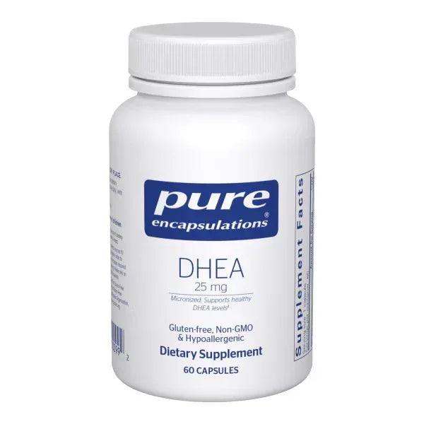 Pure Encapsulations DHEA 25 mg dietary supplement bottle, 60 capsules, gluten-free, non-GMO