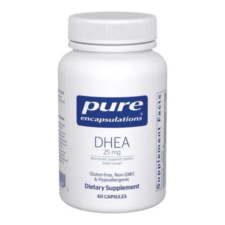Pure Encapsulations DHEA 25 mg dietary supplement bottle, 60 capsules, gluten-free, non-GMO
