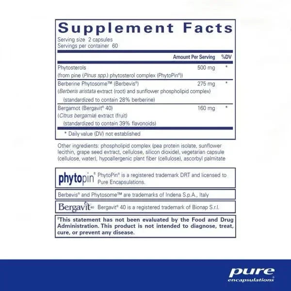 Supplement facts label for capsules featuring phytosterols, berberine, and bergamot extract.