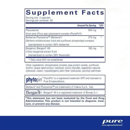 Supplement facts label for capsules featuring phytosterols, berberine, and bergamot extract.