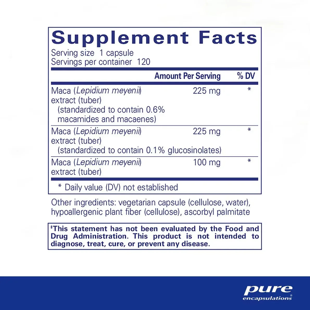 Supplement facts label for maca extract capsules, listing servings per container and ingredients.