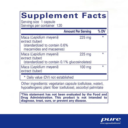 Supplement facts label for maca extract capsules, listing servings per container and ingredients.