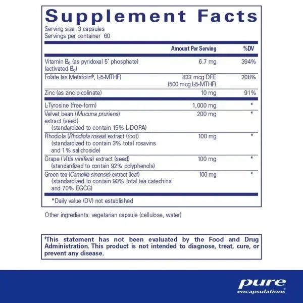 Supplement facts label for capsules with vitamins, minerals, amino acids, herbal extracts.