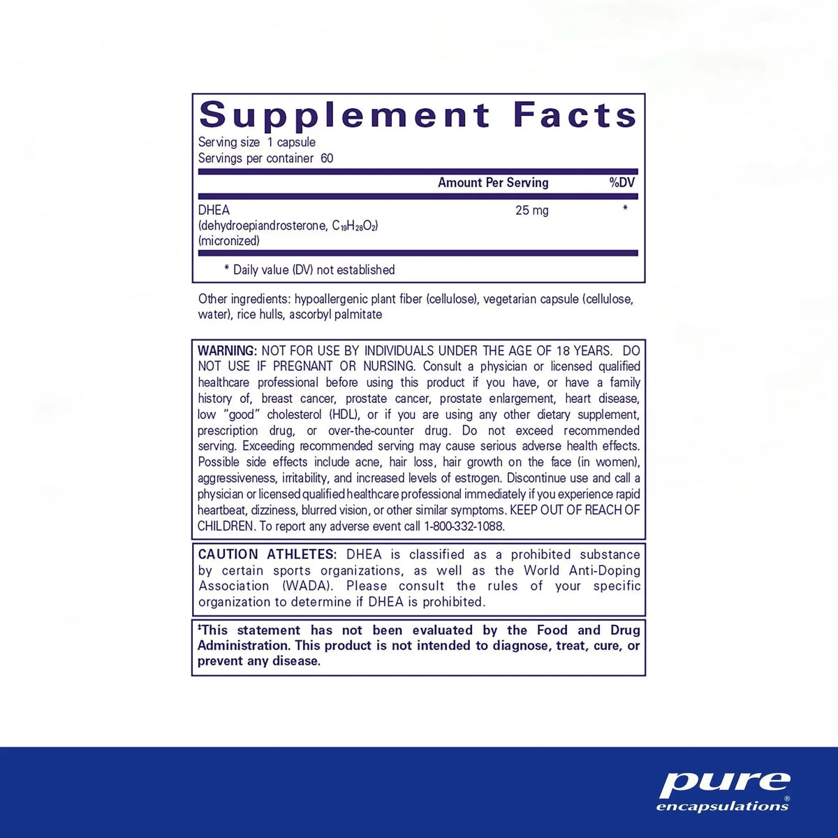 DHEA 25mg supplement facts label with dosage, ingredients, and health warnings