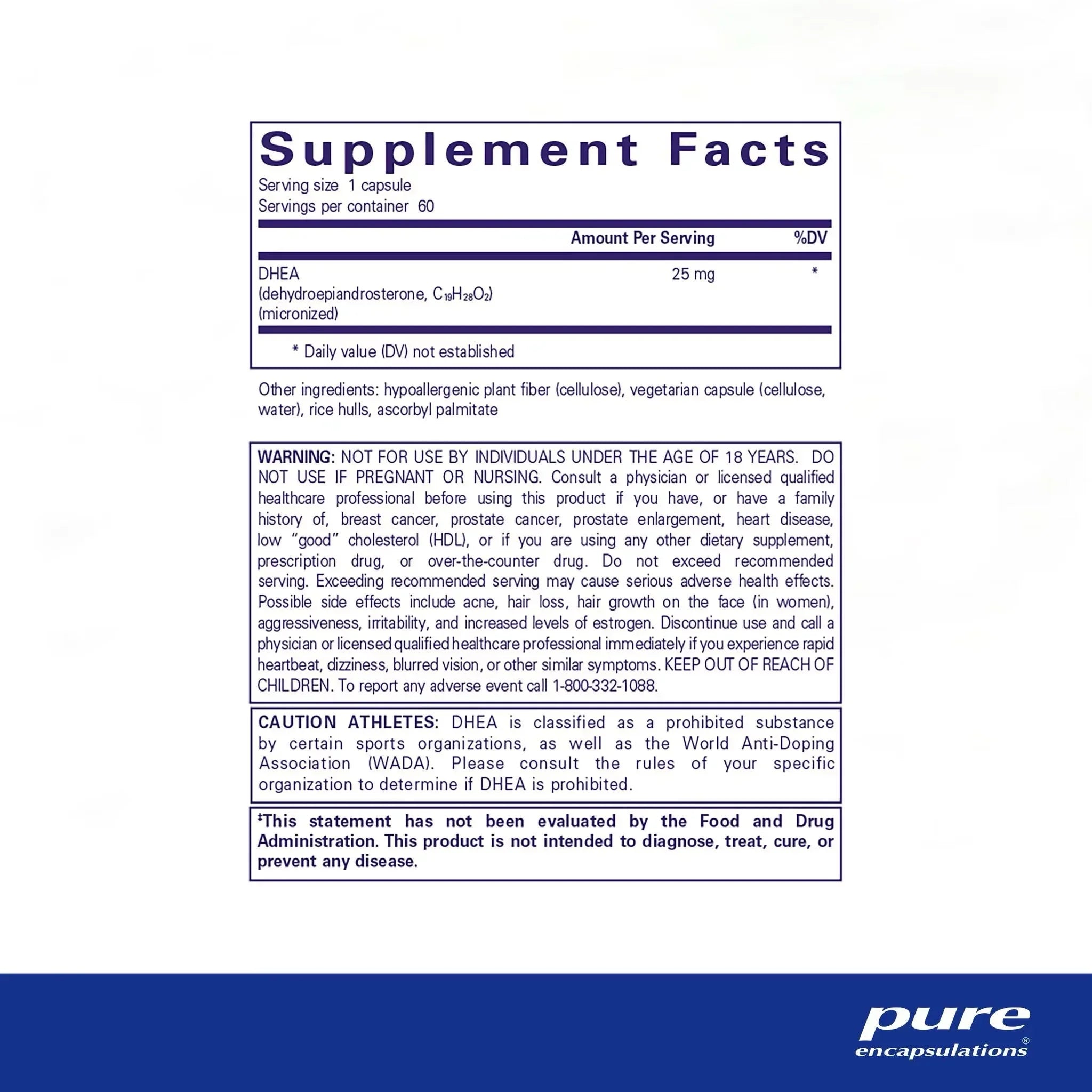 DHEA 25mg supplement facts label with dosage, ingredients, and health warnings