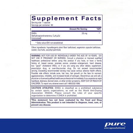 DHEA 25mg supplement facts label with dosage, ingredients, and health warnings