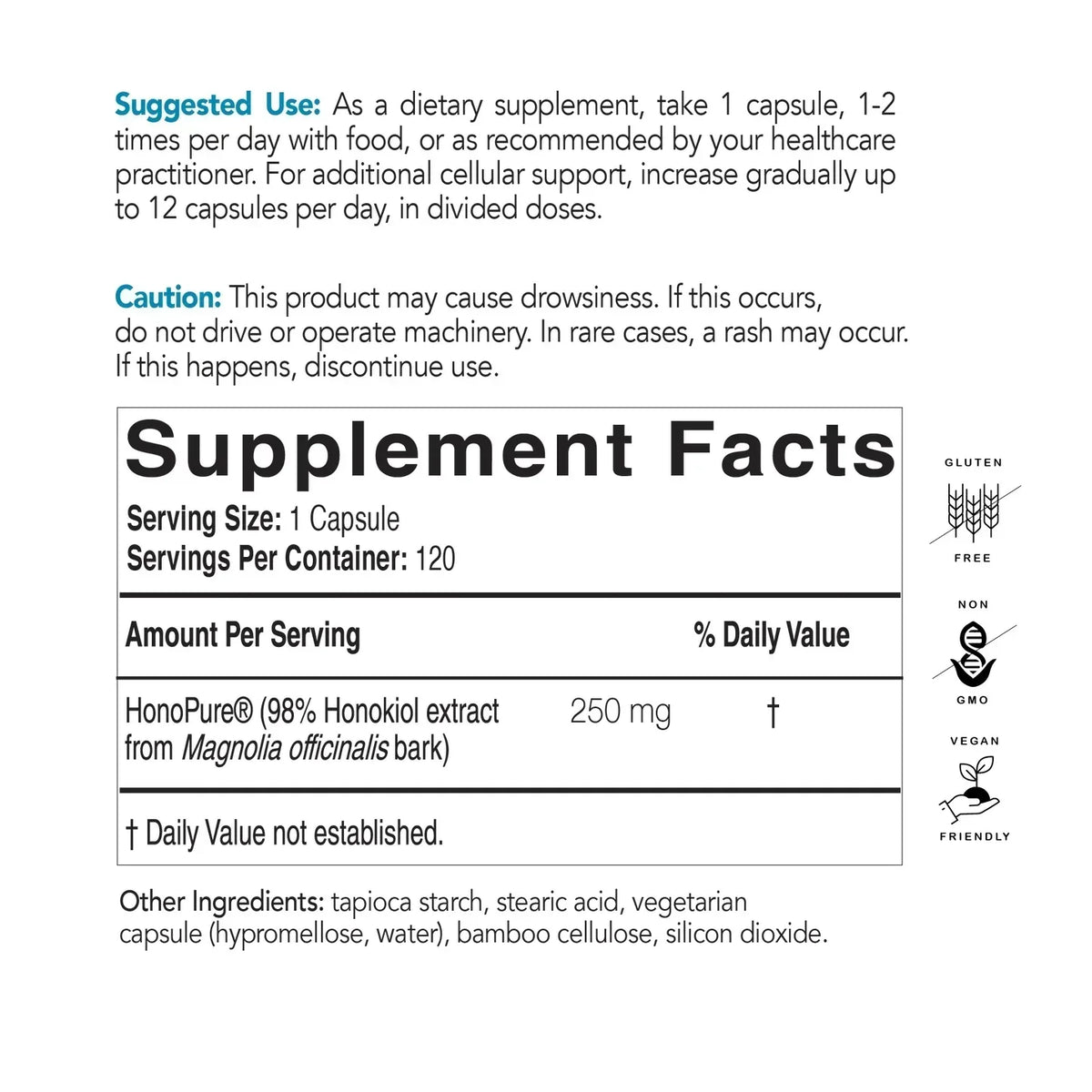 Supplement facts label for HonoPure Honokiol extract capsules, showing vegan, gluten free, and non-GMO icons.