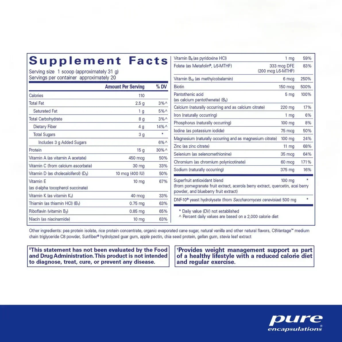 Supplement facts label for protein powder with vitamins, minerals, and antioxidant blend.