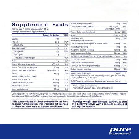 Supplement facts label for protein powder with vitamins, minerals, and antioxidant blend.