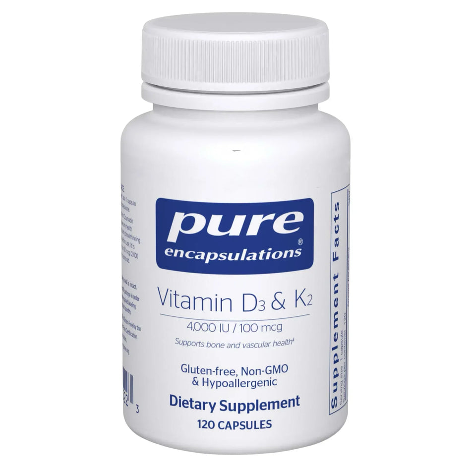 Pure Encapsulations Vitamin D3 and K2 dietary supplement bottle, 120 capsules, front label visible.