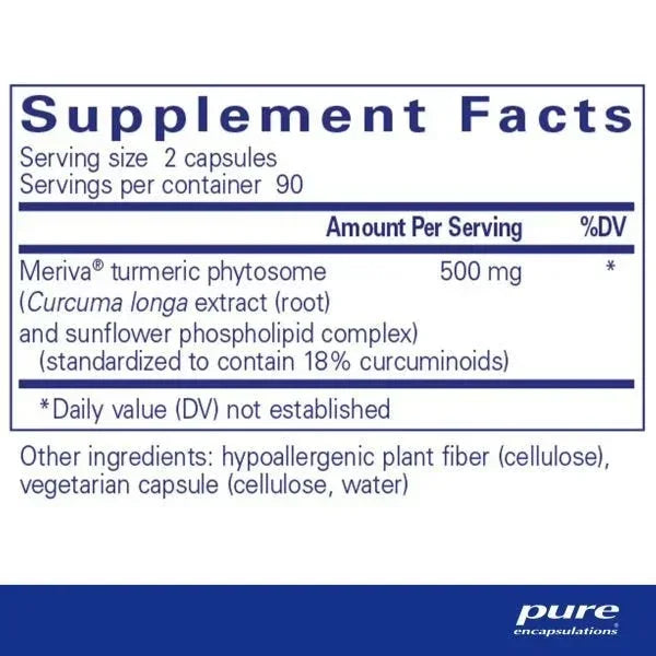 Supplement facts label for turmeric phytosome capsules with hypoallergenic plant fiber ingredients.