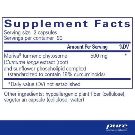 Supplement facts label for turmeric phytosome capsules with hypoallergenic plant fiber ingredients.