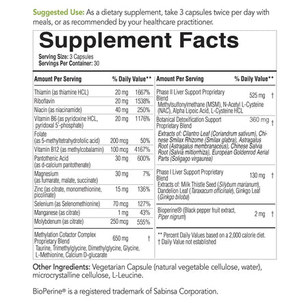 Supplement facts panel for dietary capsules with vitamins, minerals, and herbal blends