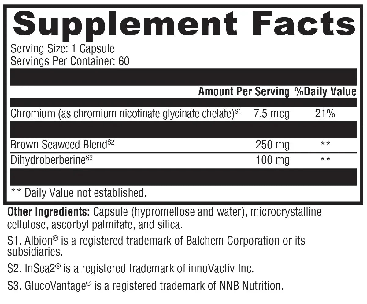 Supplement facts label showing chromium, brown seaweed blend, and dihydroberberine content per capsule.