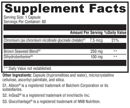 Supplement facts label showing chromium, brown seaweed blend, and dihydroberberine content per capsule.