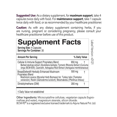 Supplement Facts label for immune support capsules with herbal and mushroom blend ingredients list.