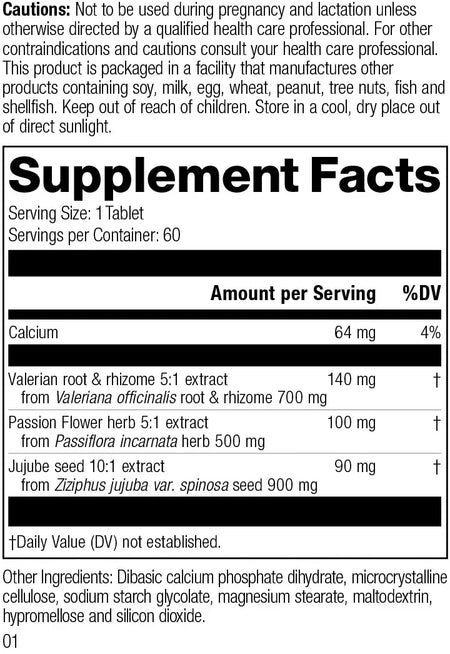 Supplement facts label showing calcium, valerian root, passion flower, and jujube seed extract ingredients.