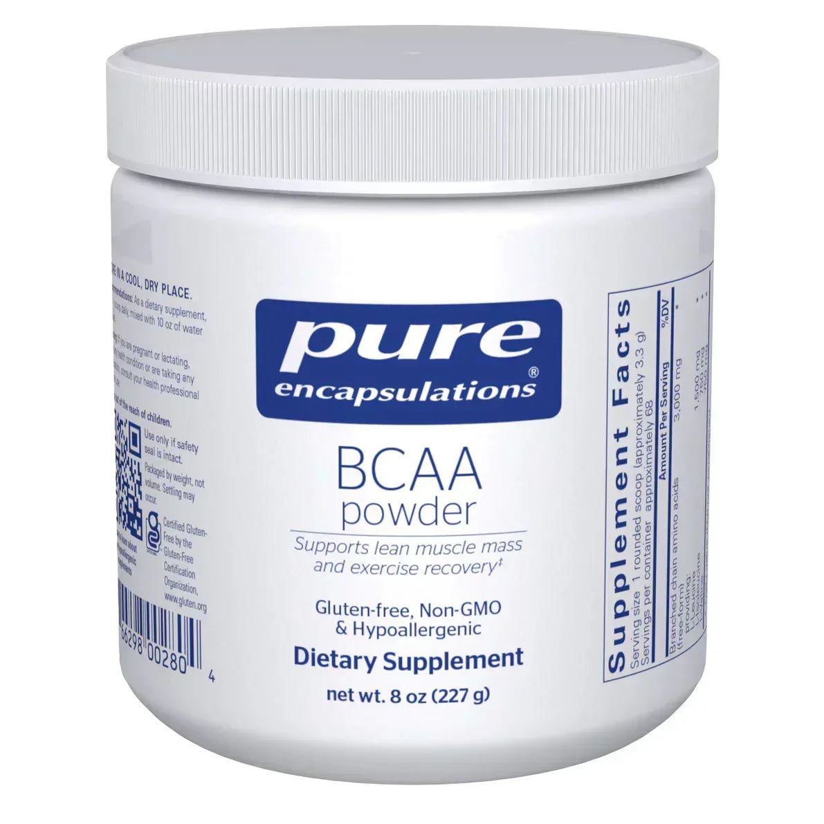 Pure Encapsulations BCAA powder supplement container, 8 oz, labeled gluten-free and non-GMO.