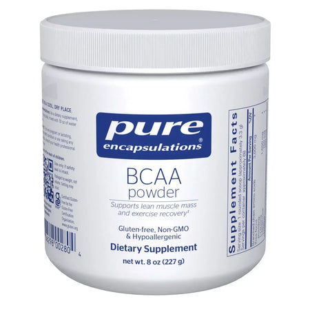 Pure Encapsulations BCAA powder supplement container, 8 oz, labeled gluten-free and non-GMO.