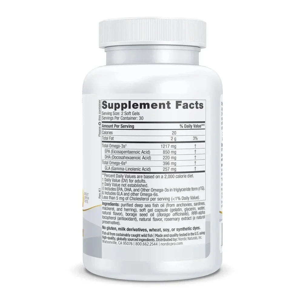 Omega-3 fish oil supplement bottle showing nutrition and ingredient facts label