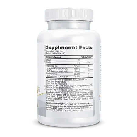 Omega-3 fish oil supplement bottle showing nutrition and ingredient facts label